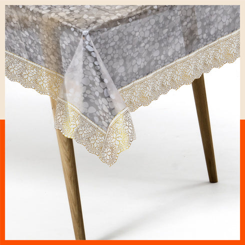 Aurum Plastic Table Cover with Golden Lace for Dining Table at Home - Circular - 78" | Pebbles