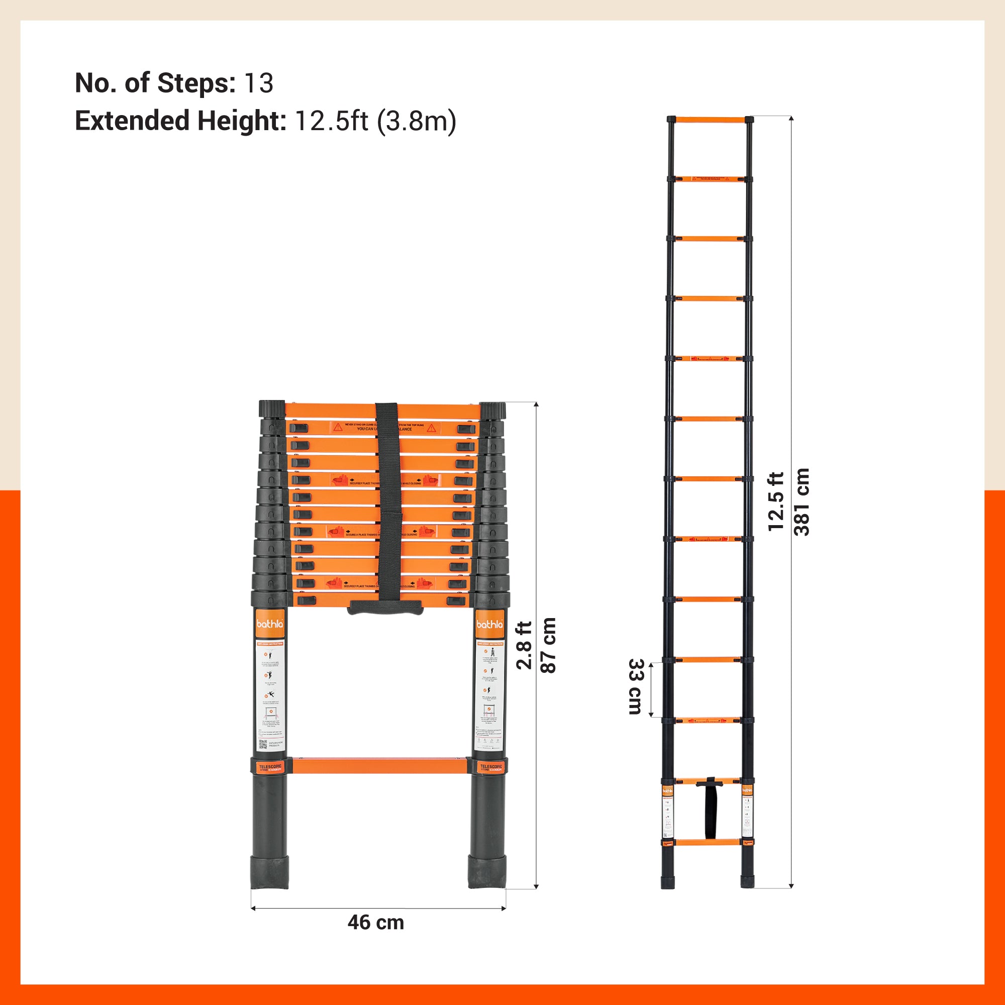 Bathla 12.5 ft Steel Telescopic Ladder | Portable & Compact | Foldable Multipurpose Step Ladder for Home & Outdoor use