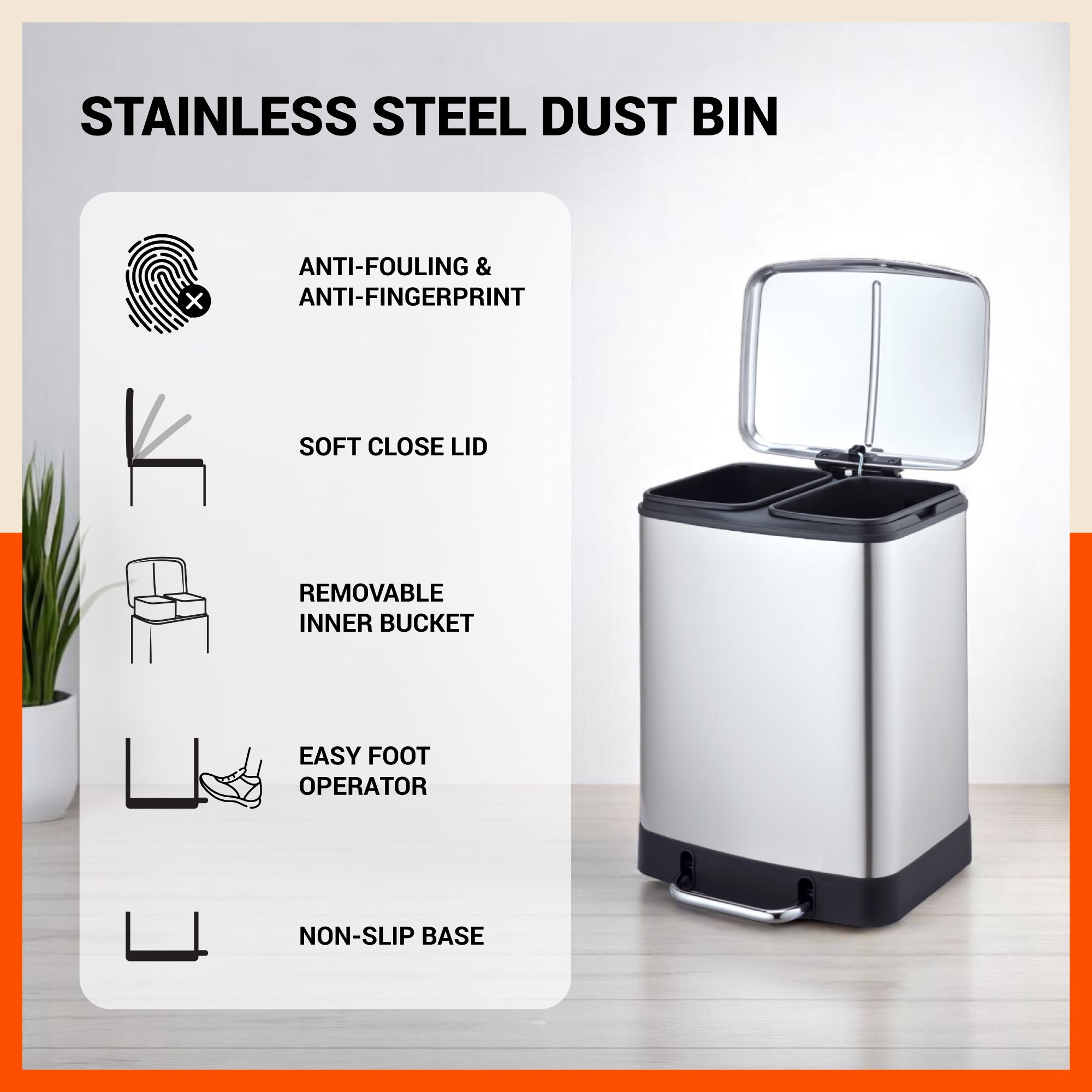 Bathla Stainless Steel Dustbin With Lid & Detachable Bin - 12+12L Pedal Bin | Trash Can | Garbage Dustbin For Home, Kitchen