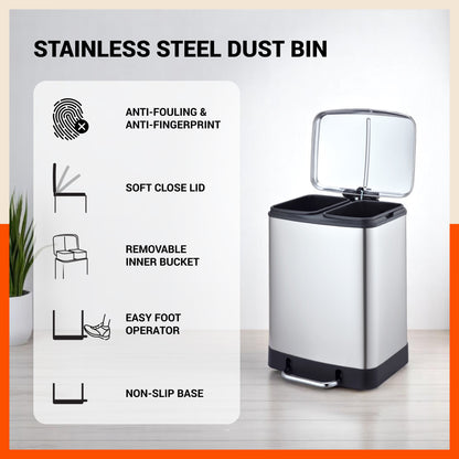Bathla Stainless Steel Dustbin With Lid & Detachable Bin - 12+12L Pedal Bin | Trash Can | Garbage Dustbin For Home, Kitchen