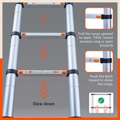 Telescopic ladder with instructions on how to open and close the rungs on a gray background.