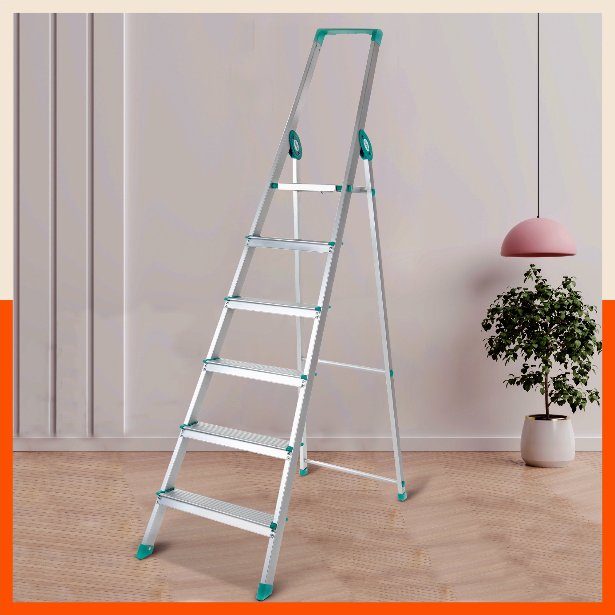 Bathla Prime 6 - Step Foldable Aluminium Ladder for Home with Multi-Utility Support Handle | 5 - Year Manufacturer Warranty | Teal
