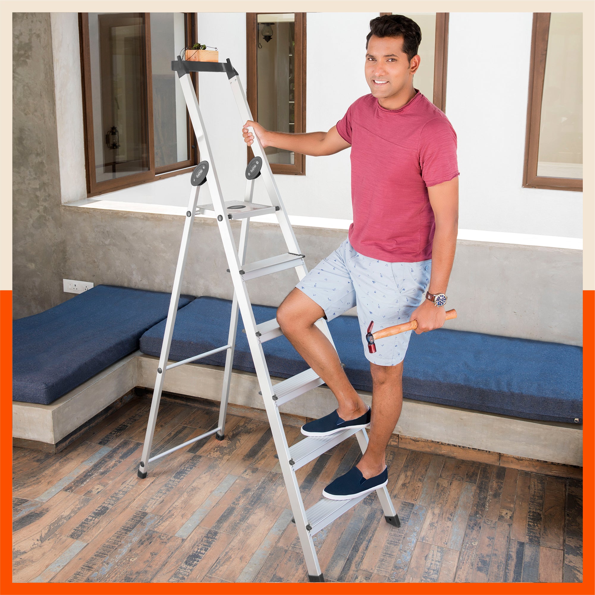 Bathla Elevate 6-Step Foldable Aluminium Ladder For Home with Tool Tray (Black)