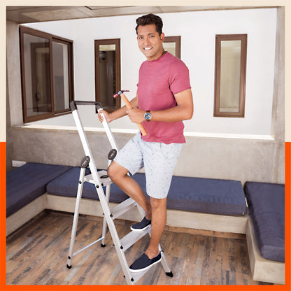 Bathla Prime 4 - Step Aluminium Ladder for Home with Multi Utility Support Handle - Black