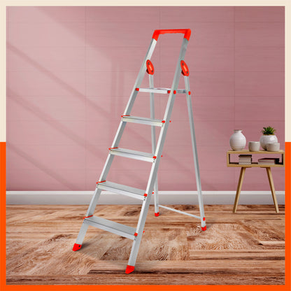 Bathla Prime 5-Step Foldable Aluminium Ladder for Home with Multi-Utility Support Handle (Orange)