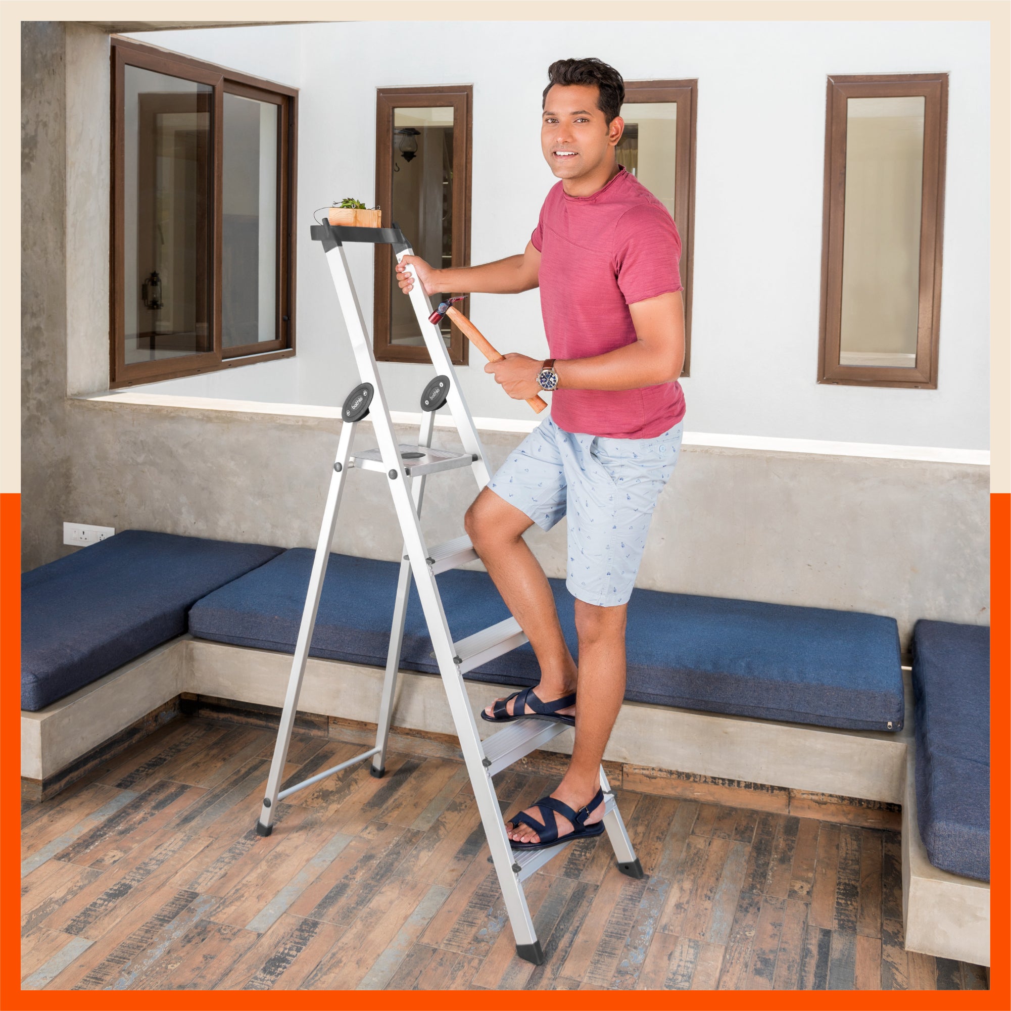 Bathla Elevate 5-Step Foldable Aluminium Ladder For Home with Tool Tray (Black)