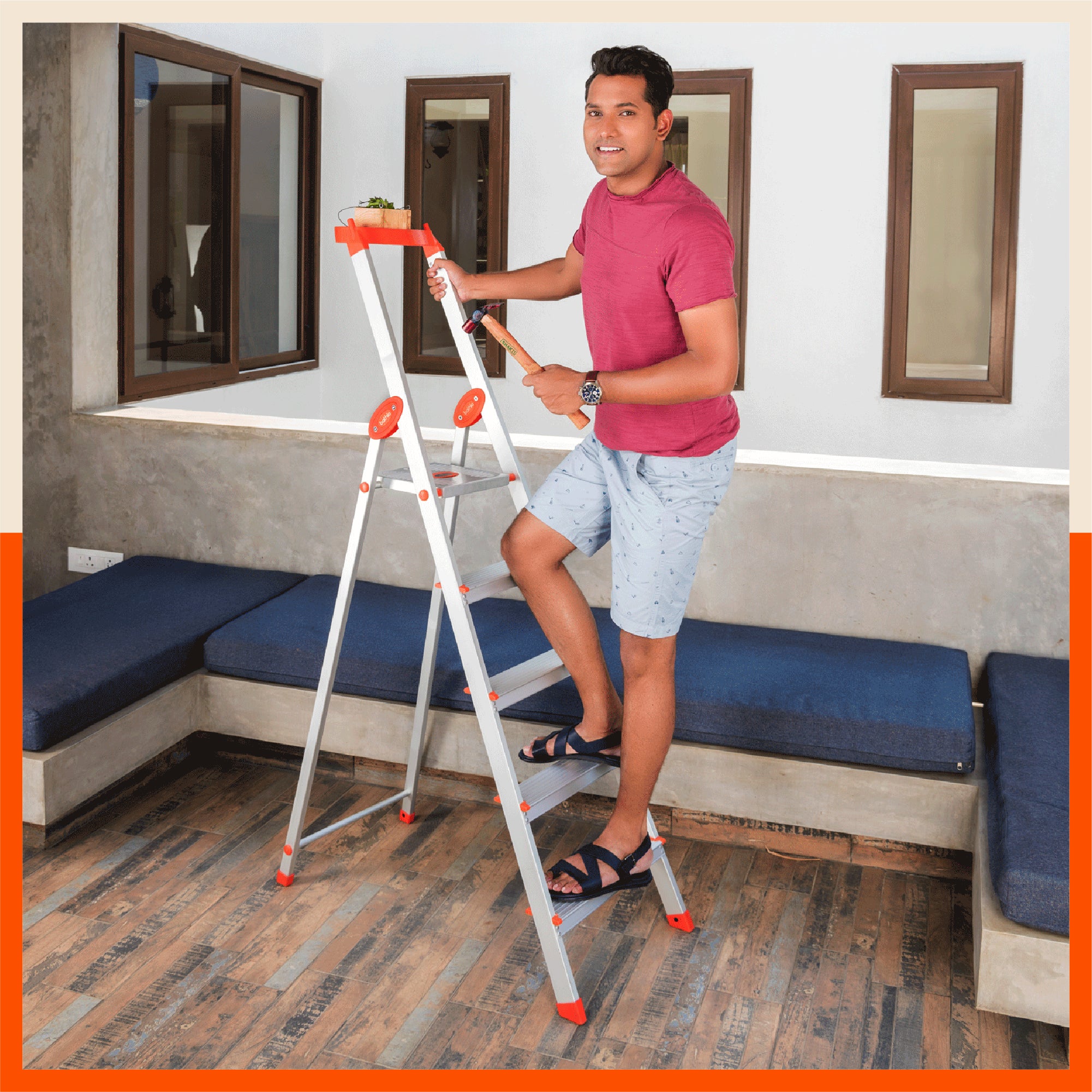 Bathla Elevate 5-Step Foldable Aluminium Ladder For Home with Tool Tray (Orange)