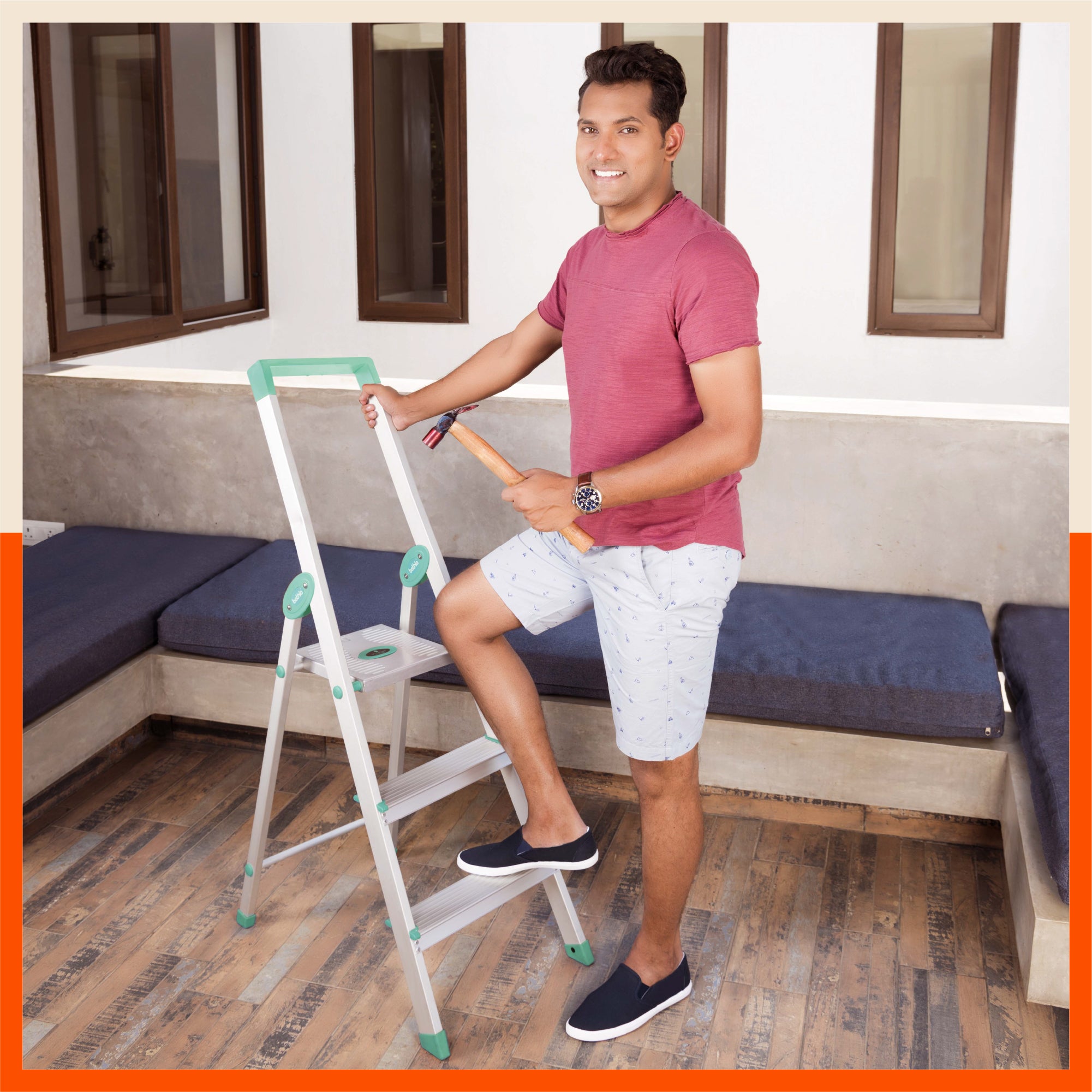 Bathla Prime 3 - Step Aluminium Ladder for Home with Multi Utility Support Handle - Teal