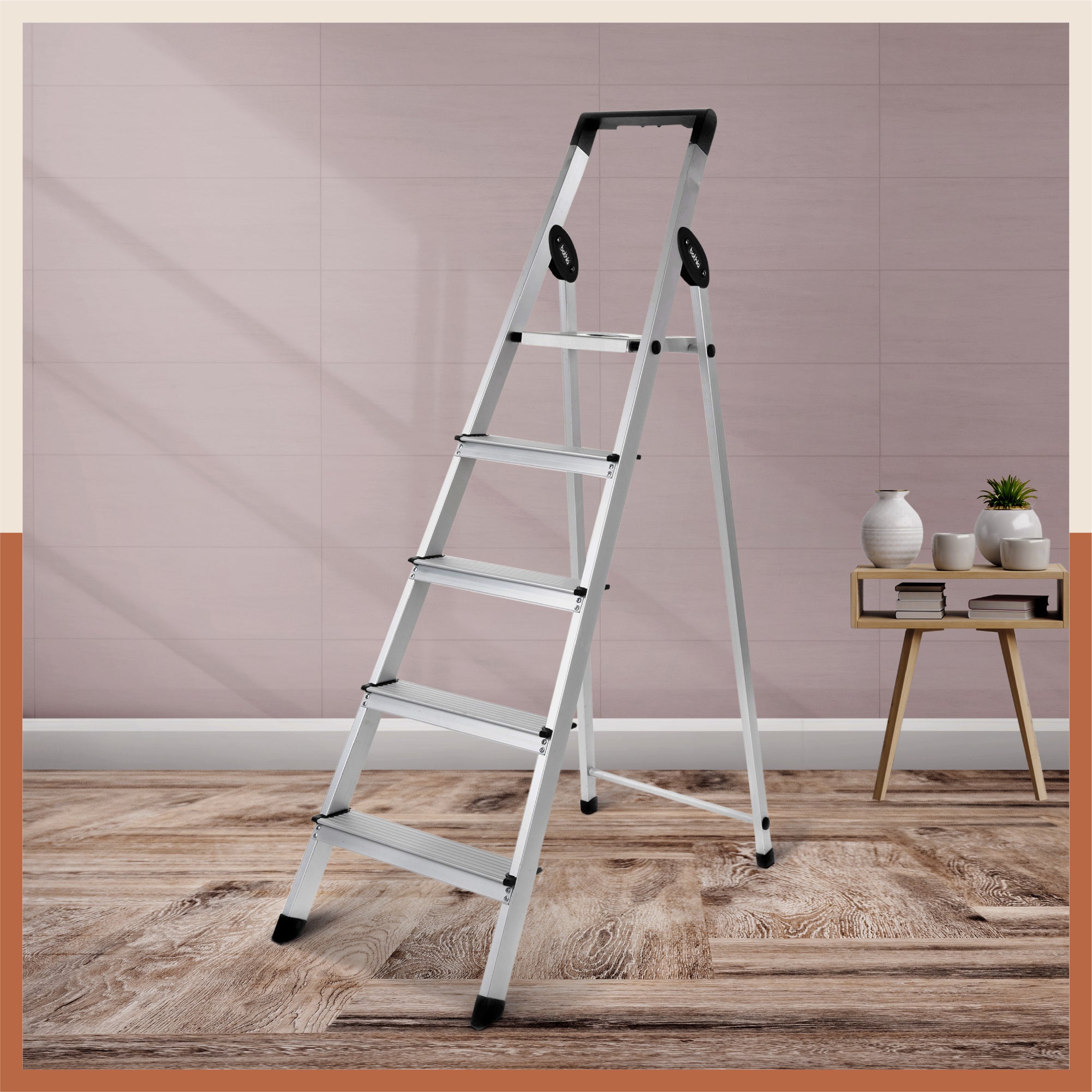 Bathla Prime 5-Step Foldable Aluminium Ladder for Home with Multi-Utility Support Handle (Black)