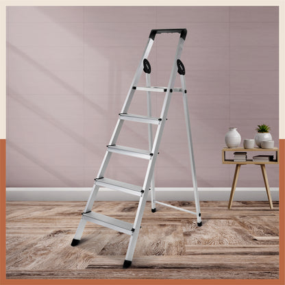 Bathla Prime 5-Step Foldable Aluminium Ladder for Home with Multi-Utility Support Handle (Black)
