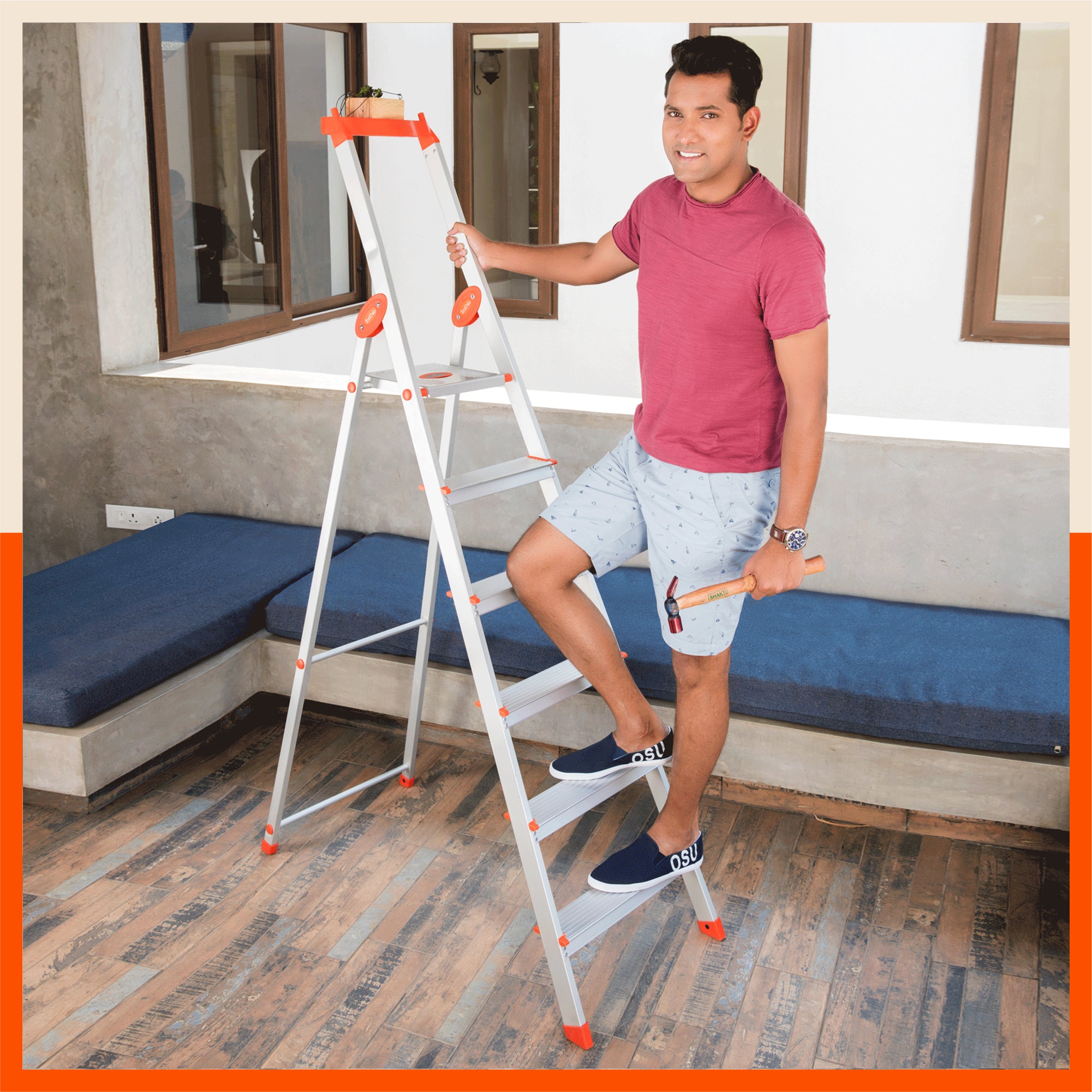 Bathla Elevate 6-Step Foldable Aluminium Ladder For Home with Tool Tray (Orange)