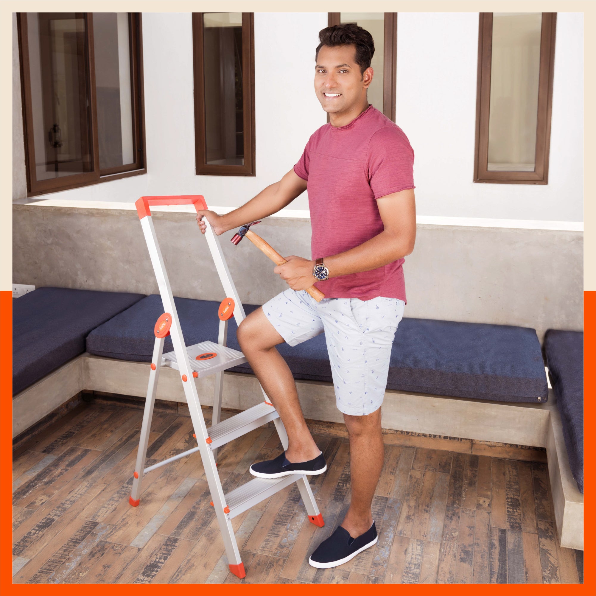 Bathla Prime 3 - Step Aluminium Ladder for Home with Multi Utility Support Handle - Orange