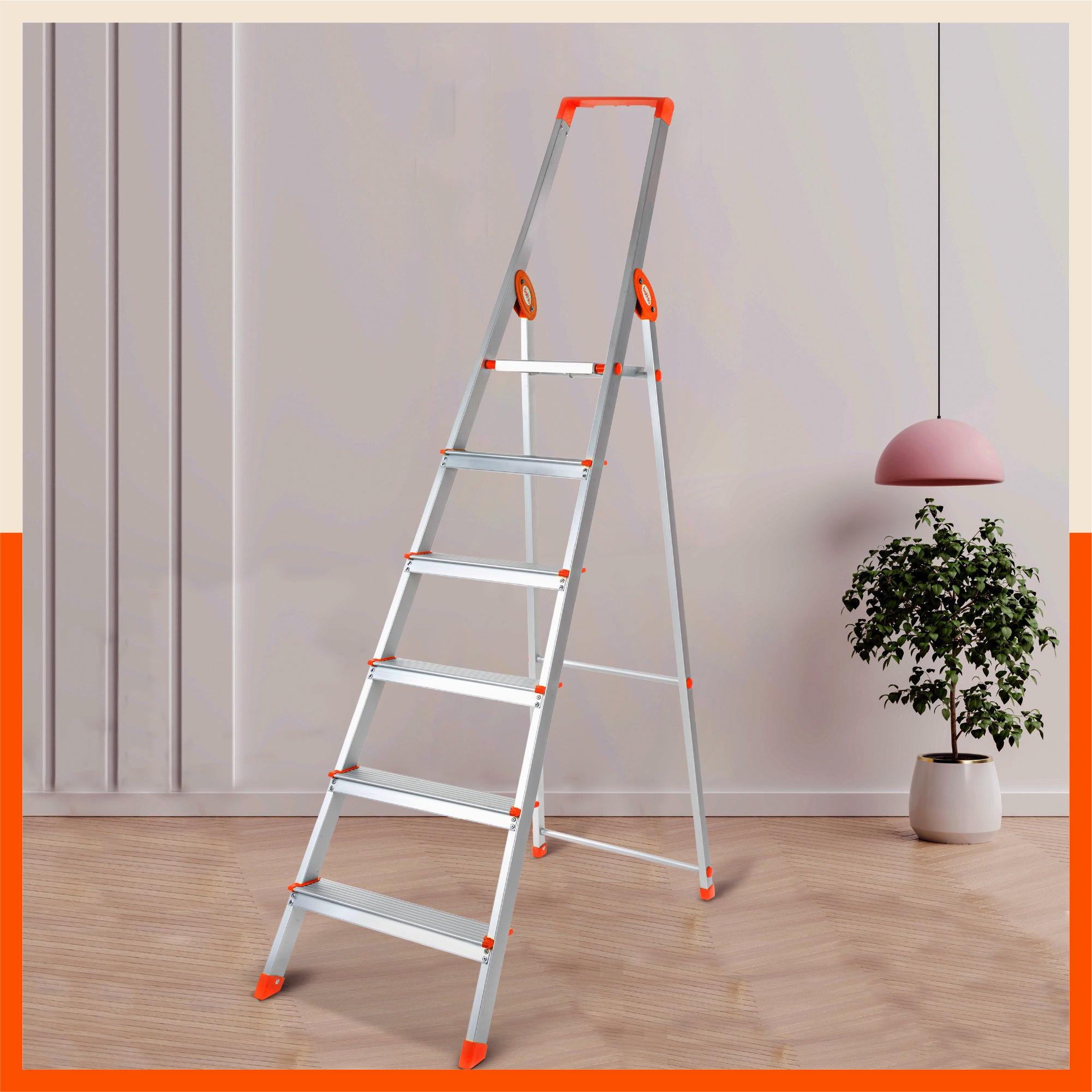 Bathla Prime 6-Step Foldable Aluminium Ladder for Home with Multi-Utility Support Handle (Orange)