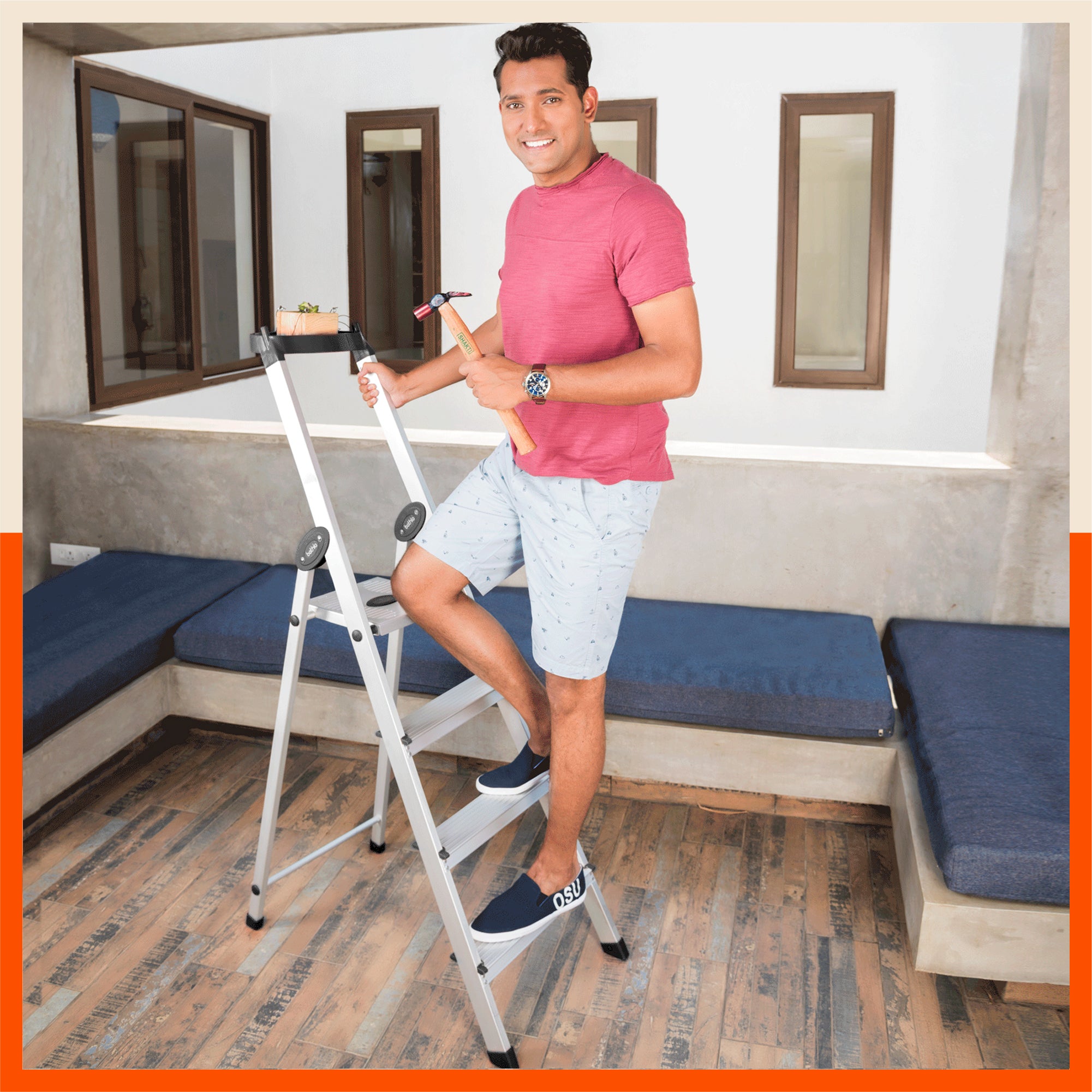 Bathla Elevate 4-Step Foldable Aluminium Ladder For Home with Tool Tray (Black)
