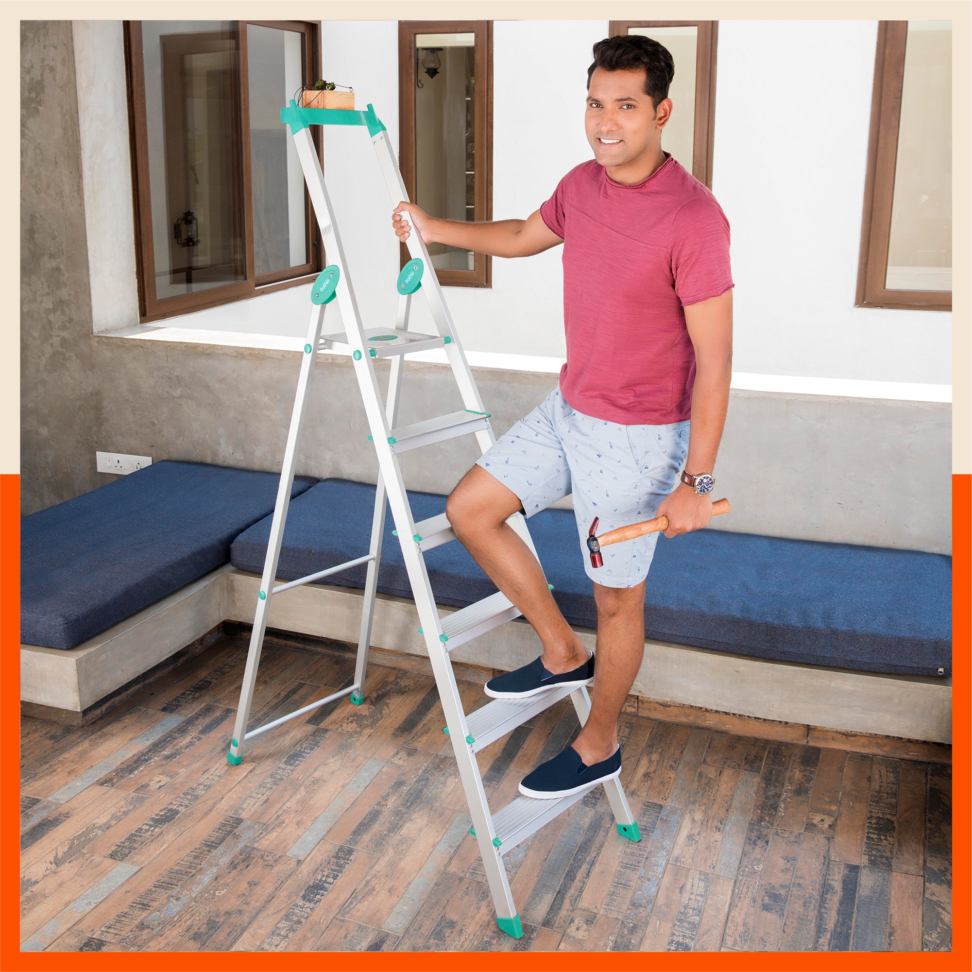 Bathla Elevate 6-Step Foldable Aluminium Ladder For Home with Tool Tray (Teal)