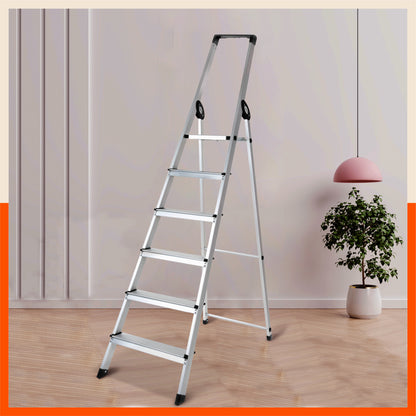 Bathla Prime 6 - Step Aluminium Ladder for Home with Multi Utility Support Handle - Black