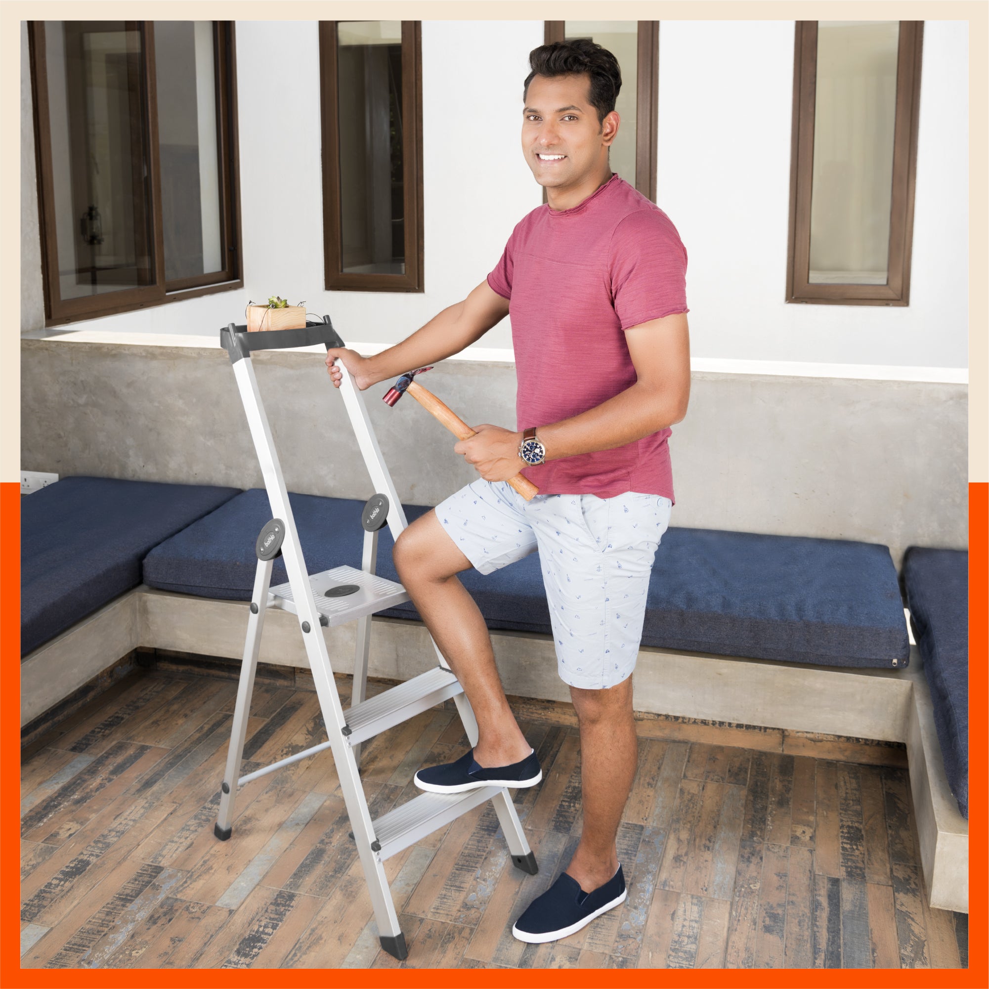 Bathla Elevate 3-Step Foldable Aluminium Ladder For Home with Tool Tray (Black)