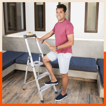 Bathla Elevate 3-Step Foldable Aluminium Ladder For Home with Tool Tray (Black)