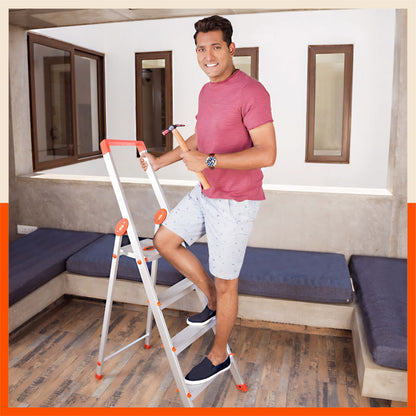 Bathla Prime 4 - Step Aluminium Ladder for Home with Multi Utility Support Handle - Orange