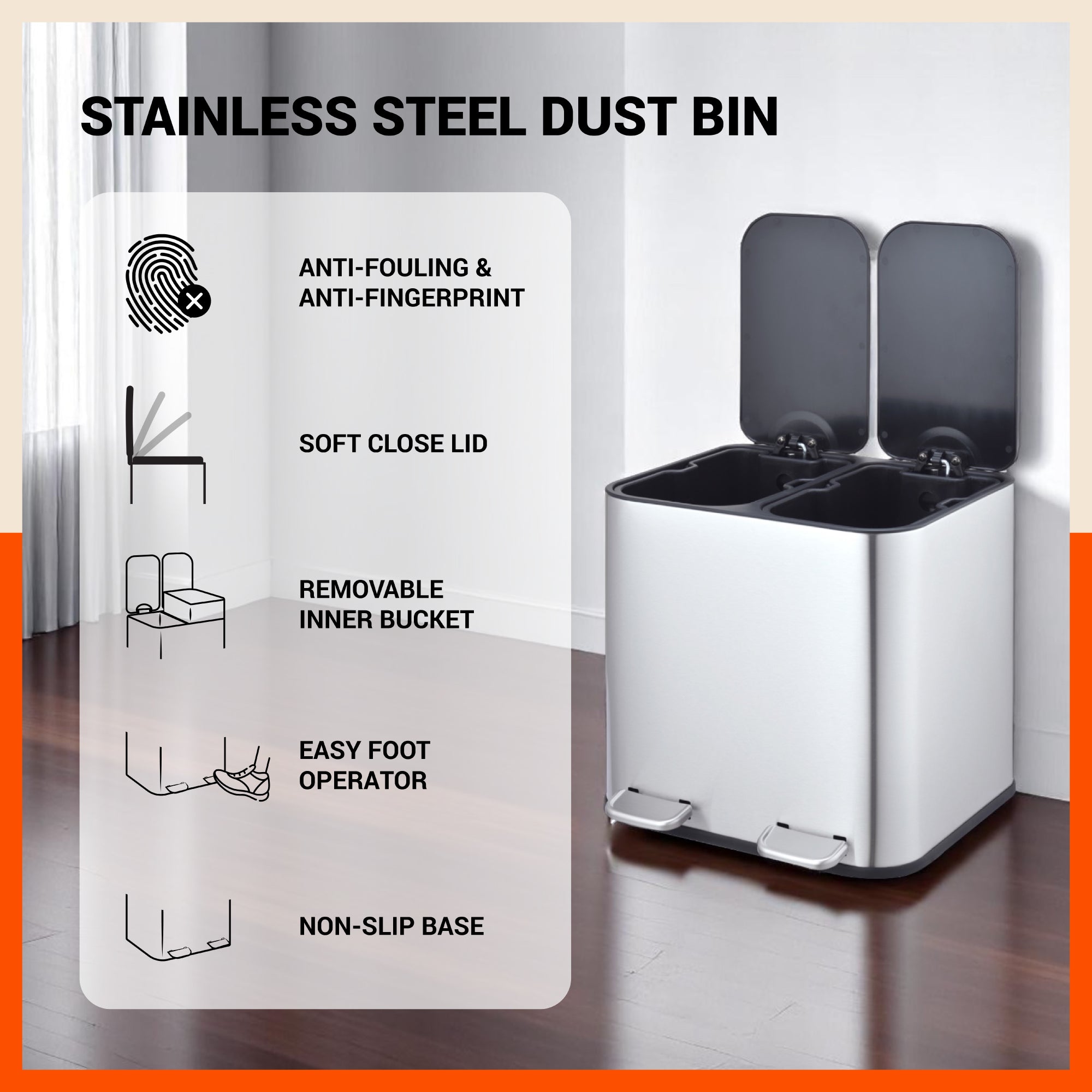 Bathla Stainless Steel Dustbin With Lid & Detachable Bin - 5+5L Pedal Bin | Trash Can | Garbage Dustbin For Home, Kitchen