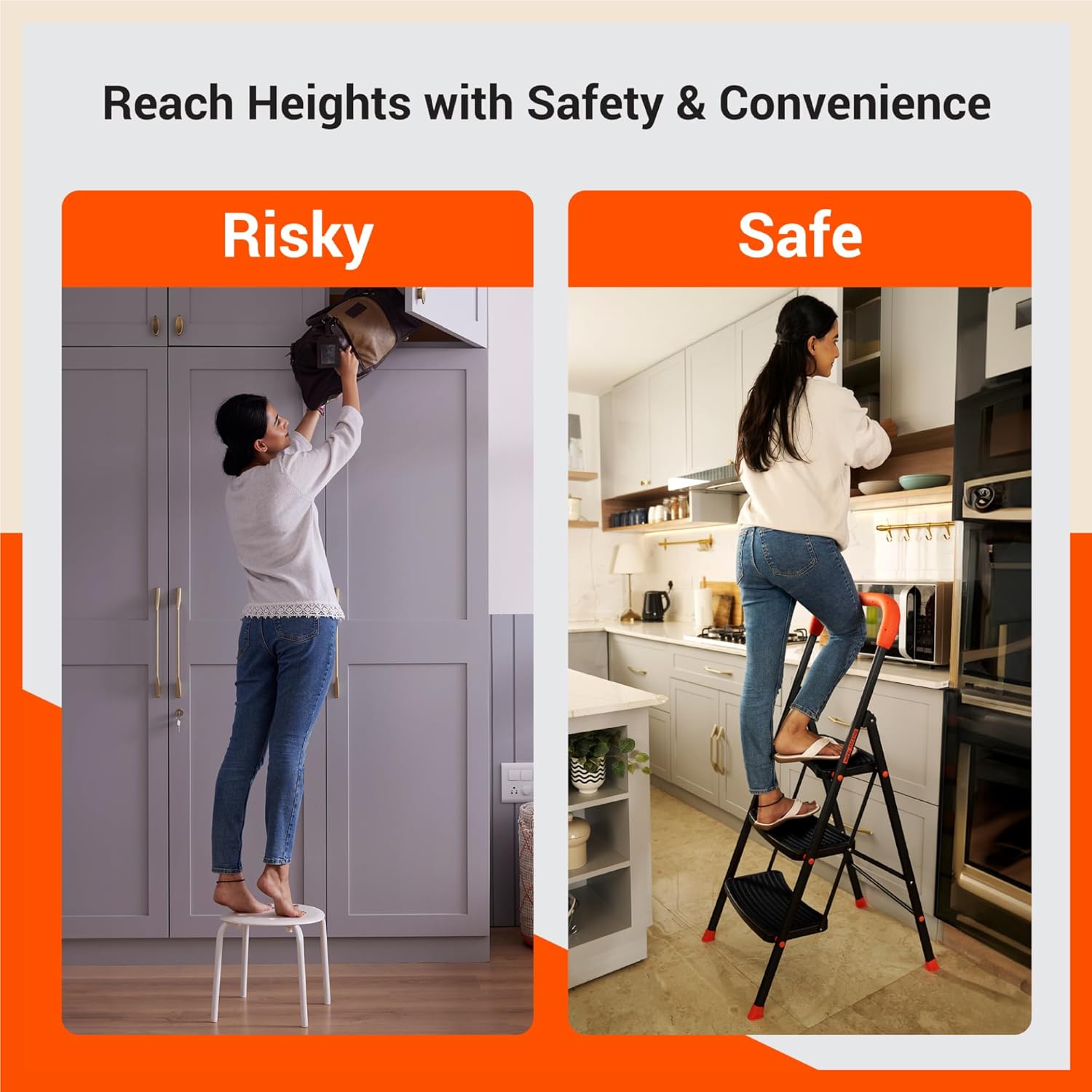 Bathla Ascend 2 Step Heavy Duty Steel Ladder for Home - Orange & Black
