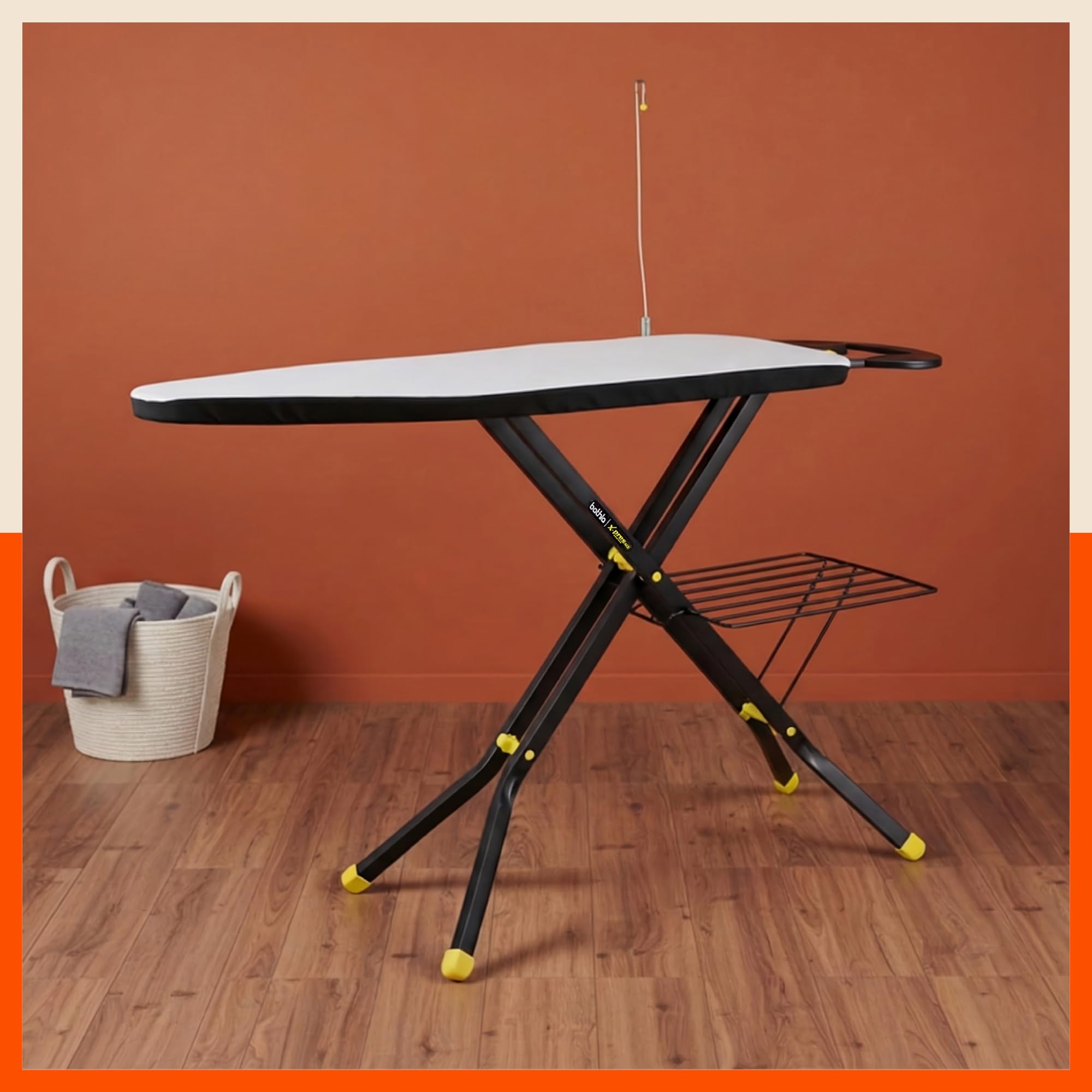 Bathla X-Pres Ace Ironing Board | Foldable & Height Adjustable | Table with Iron Holder & Wire Manager | Quick Pressing with Aluminised Heat Reflective Cover | 2 Year Warranty | Black & Yellow)