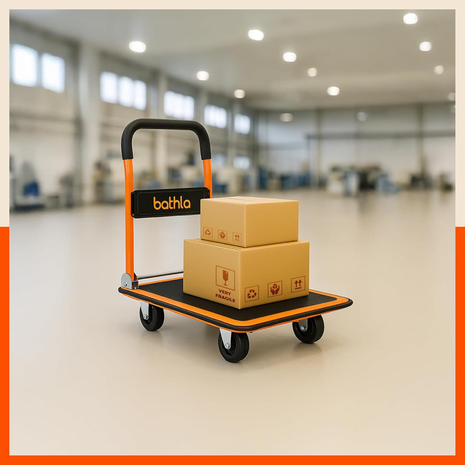 Bathla 150 Kg Capacity Steel Foldable Platform Trolley for Heavy Weight/Material Handling Goods Trolley with 360* Rotating TPR Wheels for Home, Office, Warehouse & Industries (4 Wheel/Black)