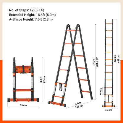 Bathla 16.5 Ft A-Type Foldable Steel Telescopic Ladder with Support Wheels | Portable, Compact & Multipurpose Ladder for Home, Industrial and Outdoor Use
