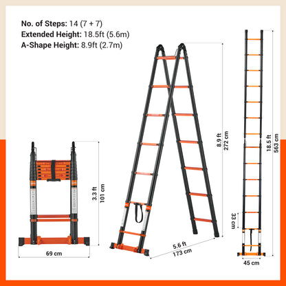 Bathla 18.5 Ft A-Type Foldable Steel Telescopic Ladder with Support Wheels | Portable, Compact & Multipurpose Ladder for Home, Industrial and Outdoor Use