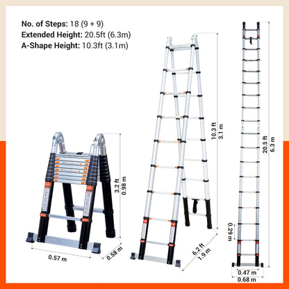 Bathla X-TEND 20.5 ft A-Type Foldable Aluminium Telescopic Ladder | Made in India (18 Step - 6.3 Mtr)