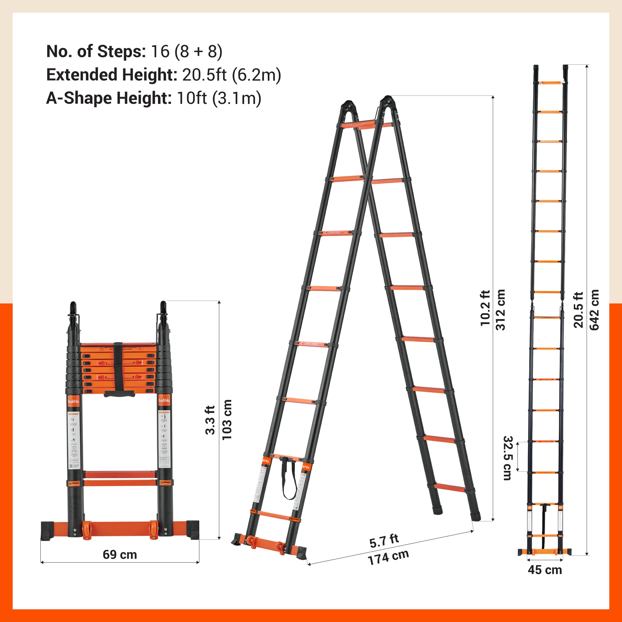 Bathla 20.5 Ft A-Type Foldable Steel Telescopic Ladder with Support Wheels | Portable, Compact & Multipurpose Ladder for Home, Industrial and Outdoor Use