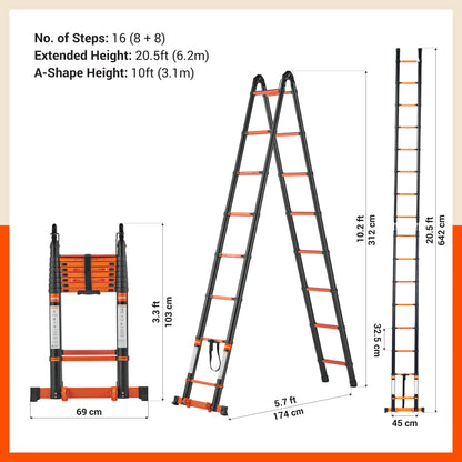 Bathla 20.5 Ft A-Type Foldable Steel Telescopic Ladder with Support Wheels | Portable, Compact & Multipurpose Ladder for Home, Industrial and Outdoor Use