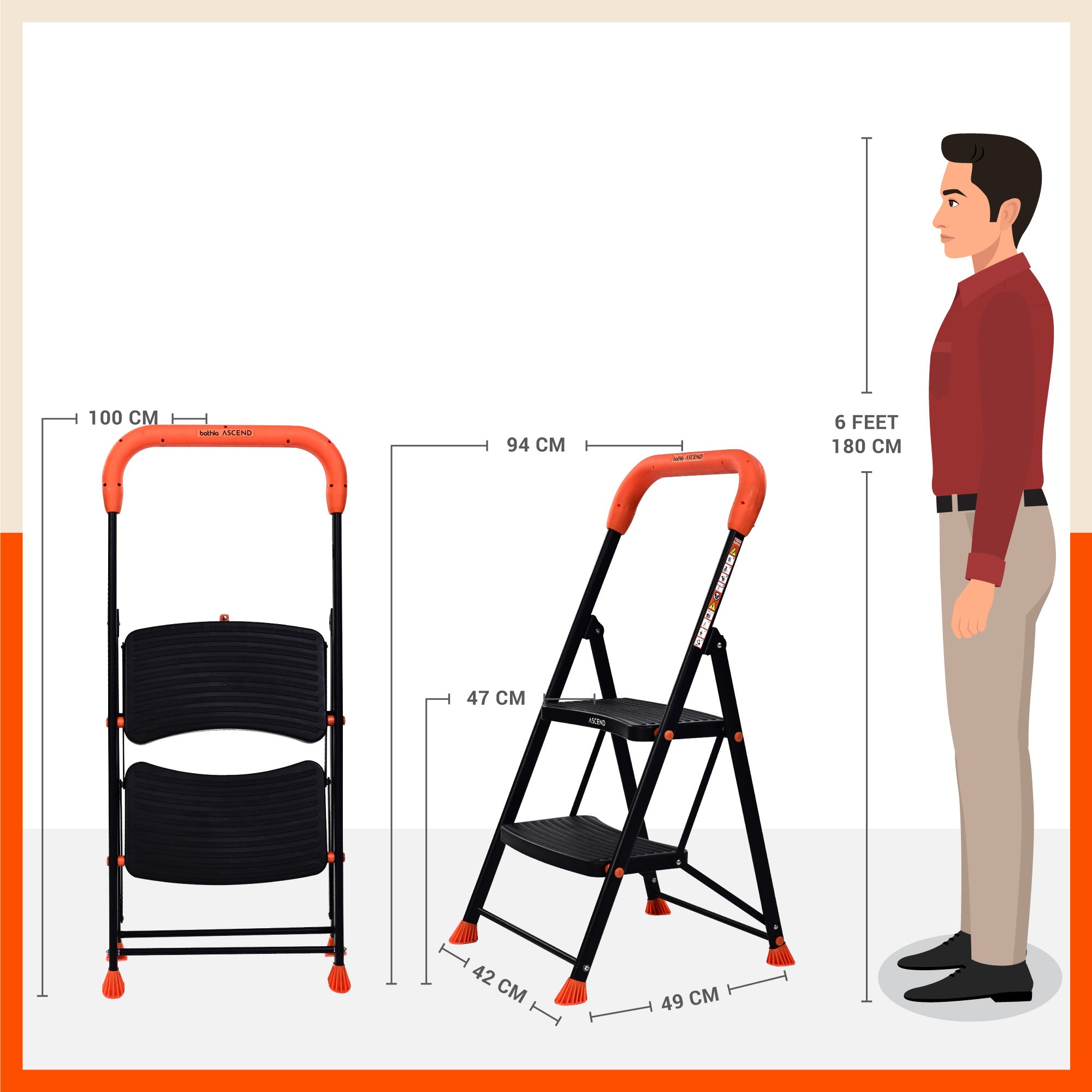 Bathla Ascend 2 Step Heavy Duty Steel Ladder for Home - Orange & Black