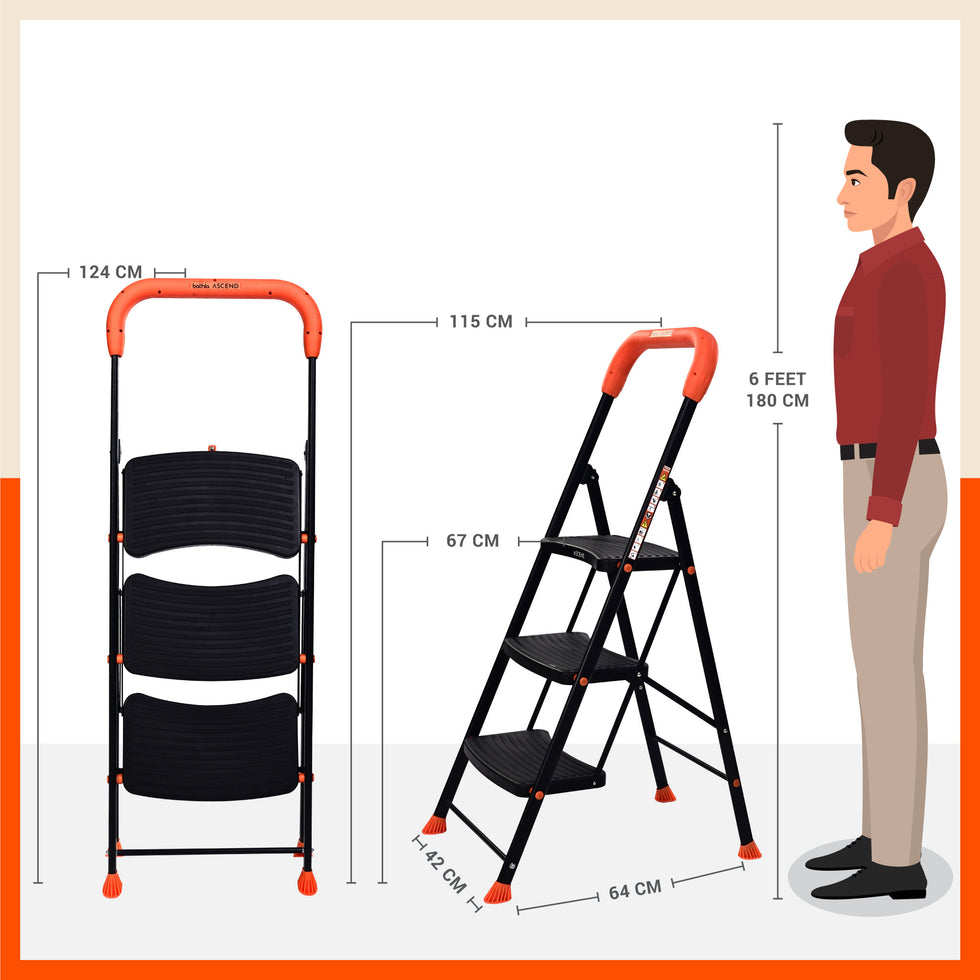 3 Step Heavy Duty Steel Ladder for Home – Bathla Home