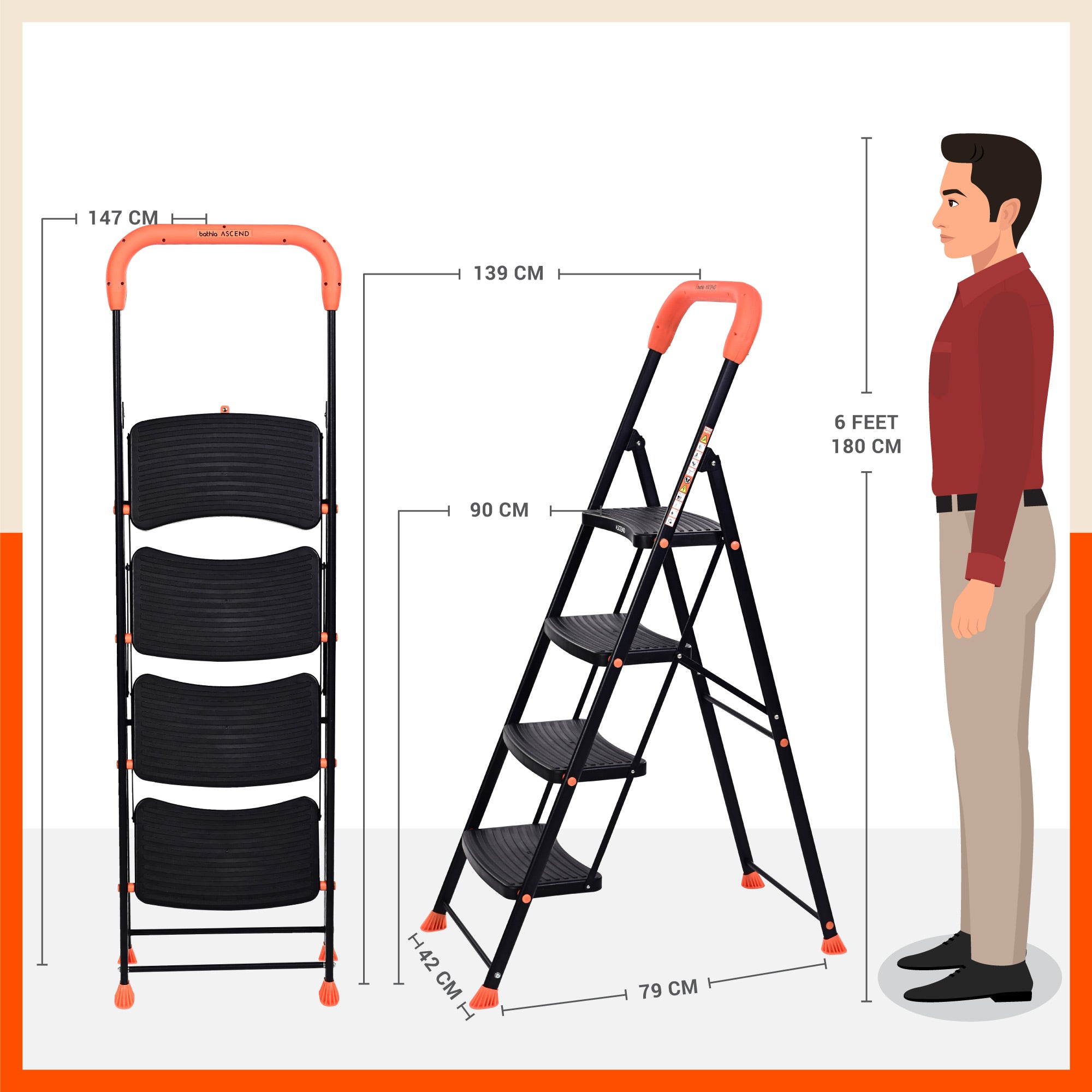 Bathla Ascend black and orange heavy-duty steel ladder with anti-skid steps, shown in extended position.