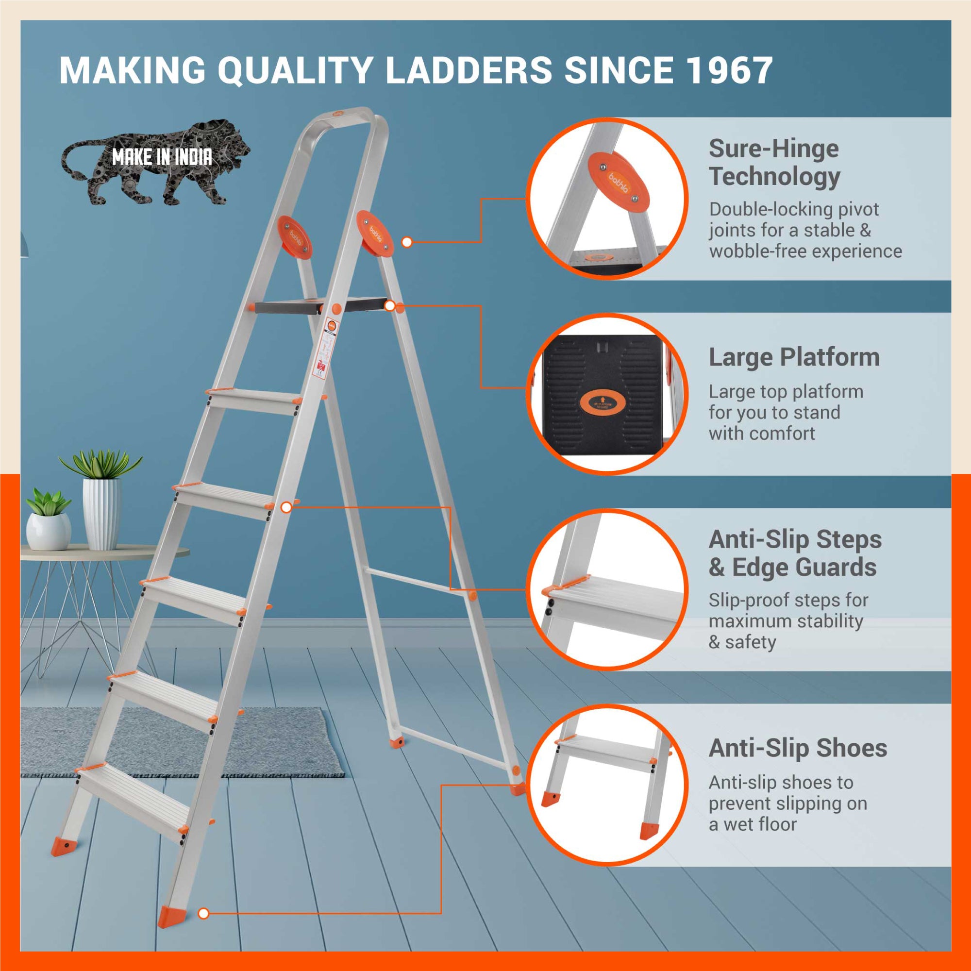 Bathla Advance Carbon - 6 Step Foldable Aluminium Ladder For Home (Orange)
