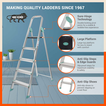 Bathla Advance Carbon - 5 Step Foldable Aluminium Ladder For Home (Teal)