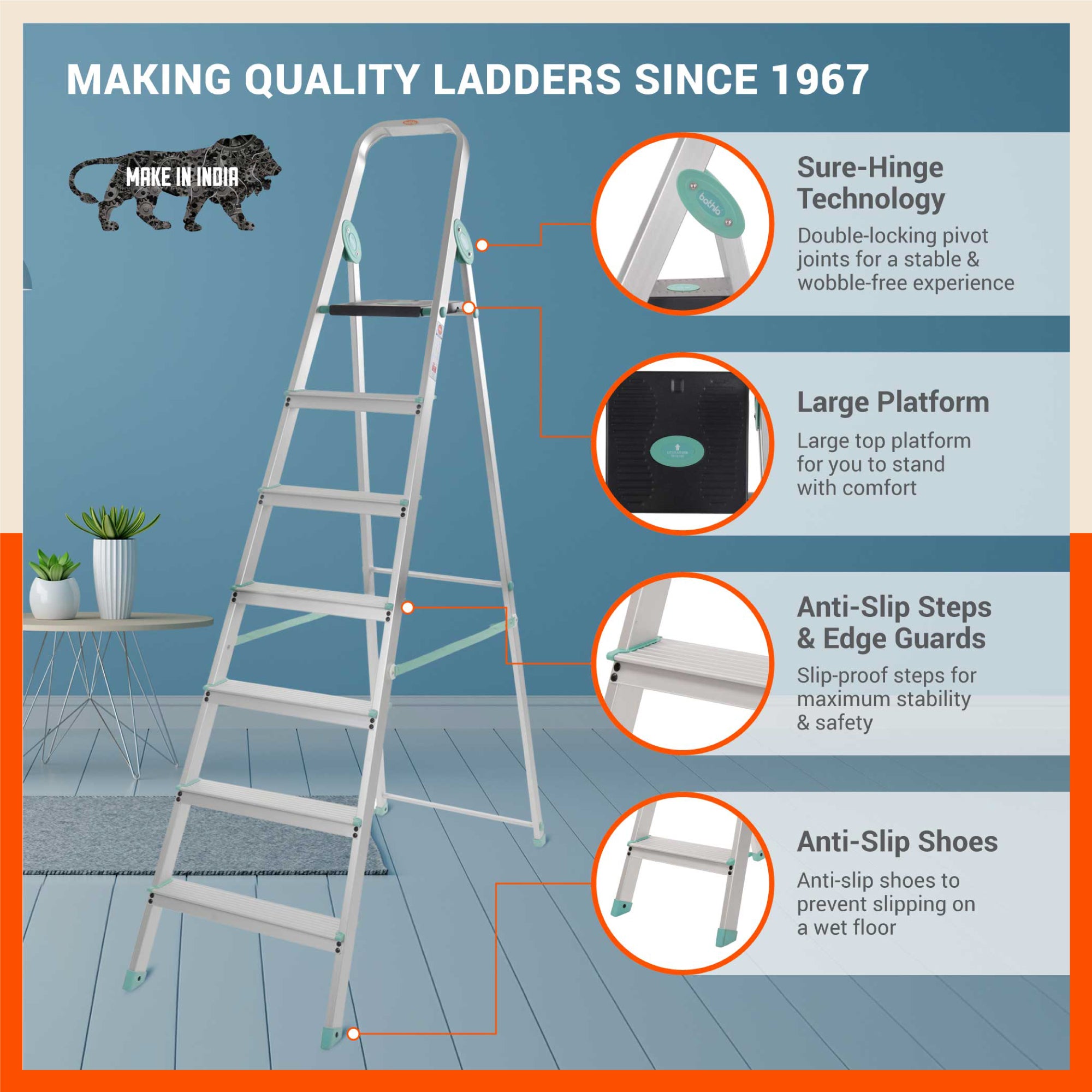 Bathla Advance Carbon - 7 Step Foldable Aluminium Ladder For Home (Teal)