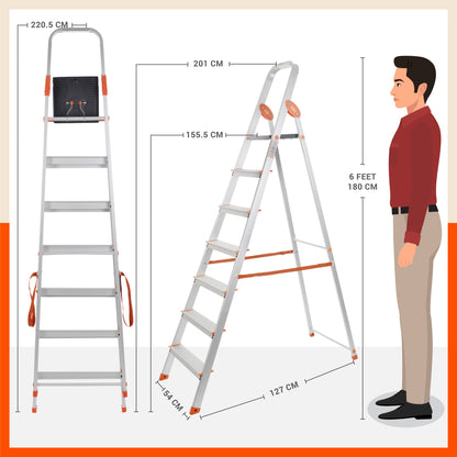 Bathla Advance Carbon - 7 Step Foldable Aluminium Ladder For Home (Orange)