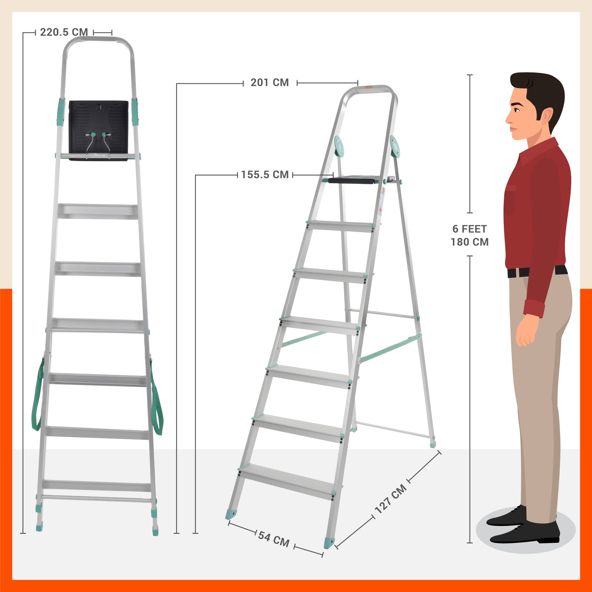 Bathla Advance Carbon - 7 Step Foldable Aluminium Ladder For Home (Teal)