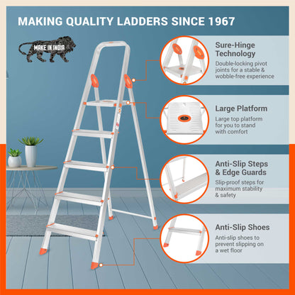 Bathla Advance 5-Step Foldable Aluminium Ladder For Home (Orange)