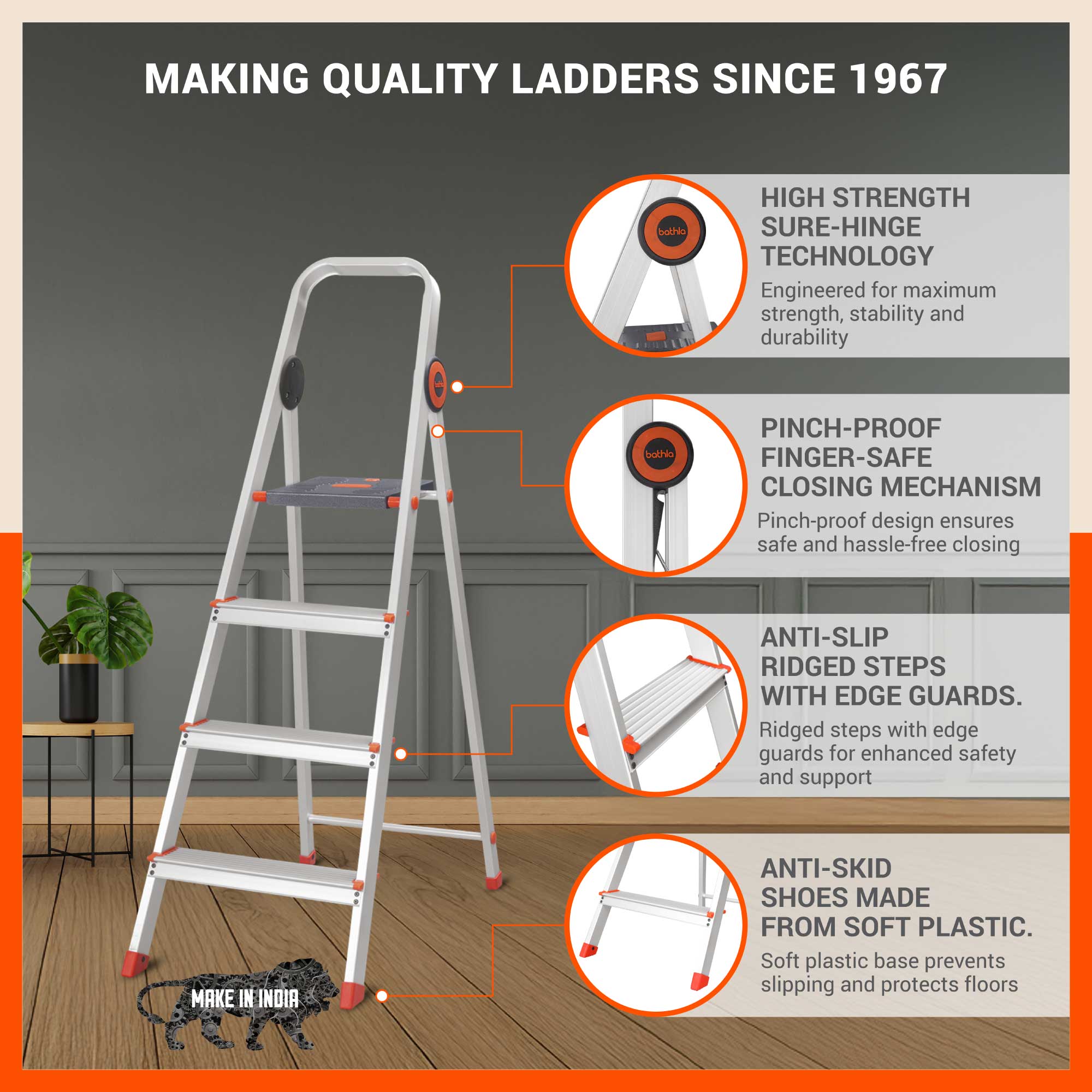 Bathla Advance Pro 4-Step Foldable Aluminium Ladder for Home | Heavy Duty & Anti-Slip Steps | 7 Year Manufacturer Warranty