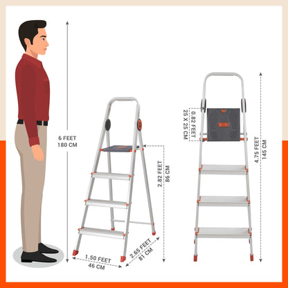 Bathla Advance Pro 4-Step Foldable Aluminium Ladder for Home | Heavy Duty & Anti-Slip Steps | 7 Year Manufacturer Warranty