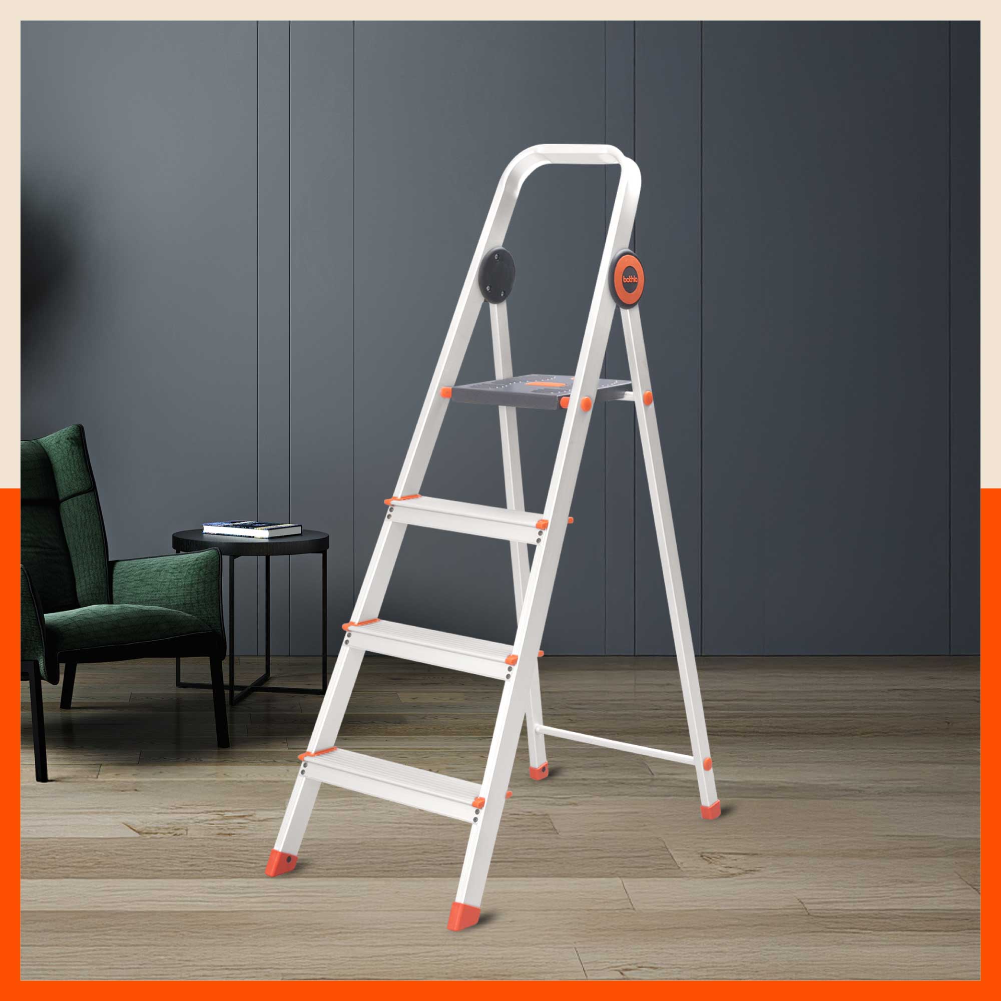 Bathla Advance Pro 4-Step Foldable Aluminium Ladder for Home | Heavy Duty & Anti-Slip Steps | 7 Year Manufacturer Warranty