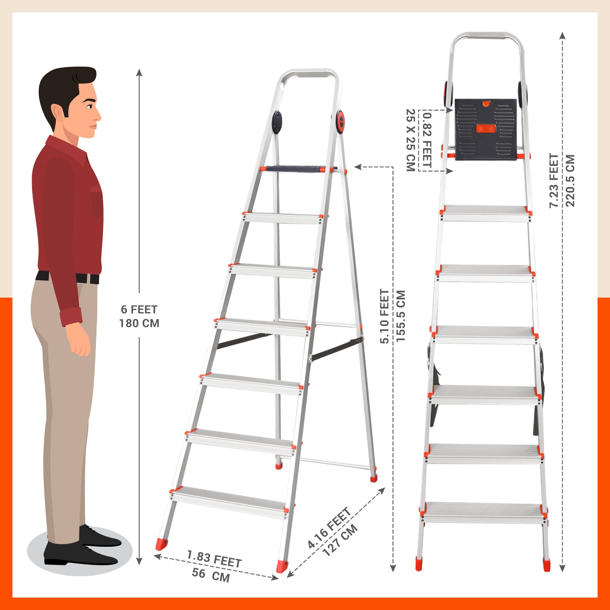 Bathla Advance Pro 7-Step Foldable Aluminium Ladder for Home | Heavy Duty & Anti-Slip Steps | 7 Year Manufacturer Warranty