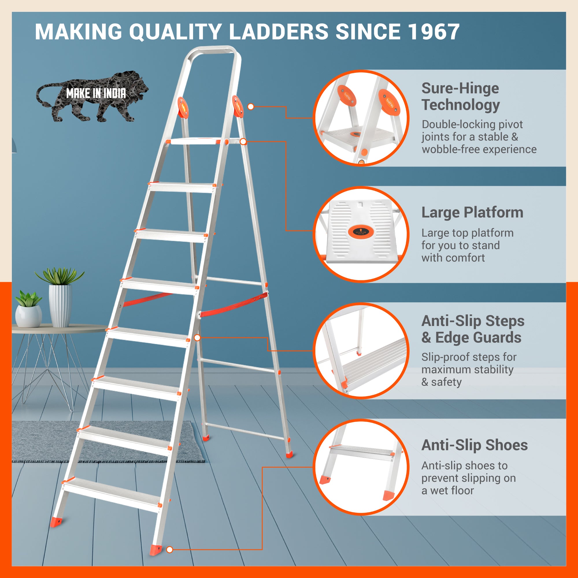 Bathla Advance 8-Step Foldable Aluminium Ladder For Home (Orange)