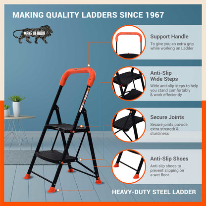 Bathla Ascend 2 Step Heavy Duty Steel Ladder for Home - Orange & Black