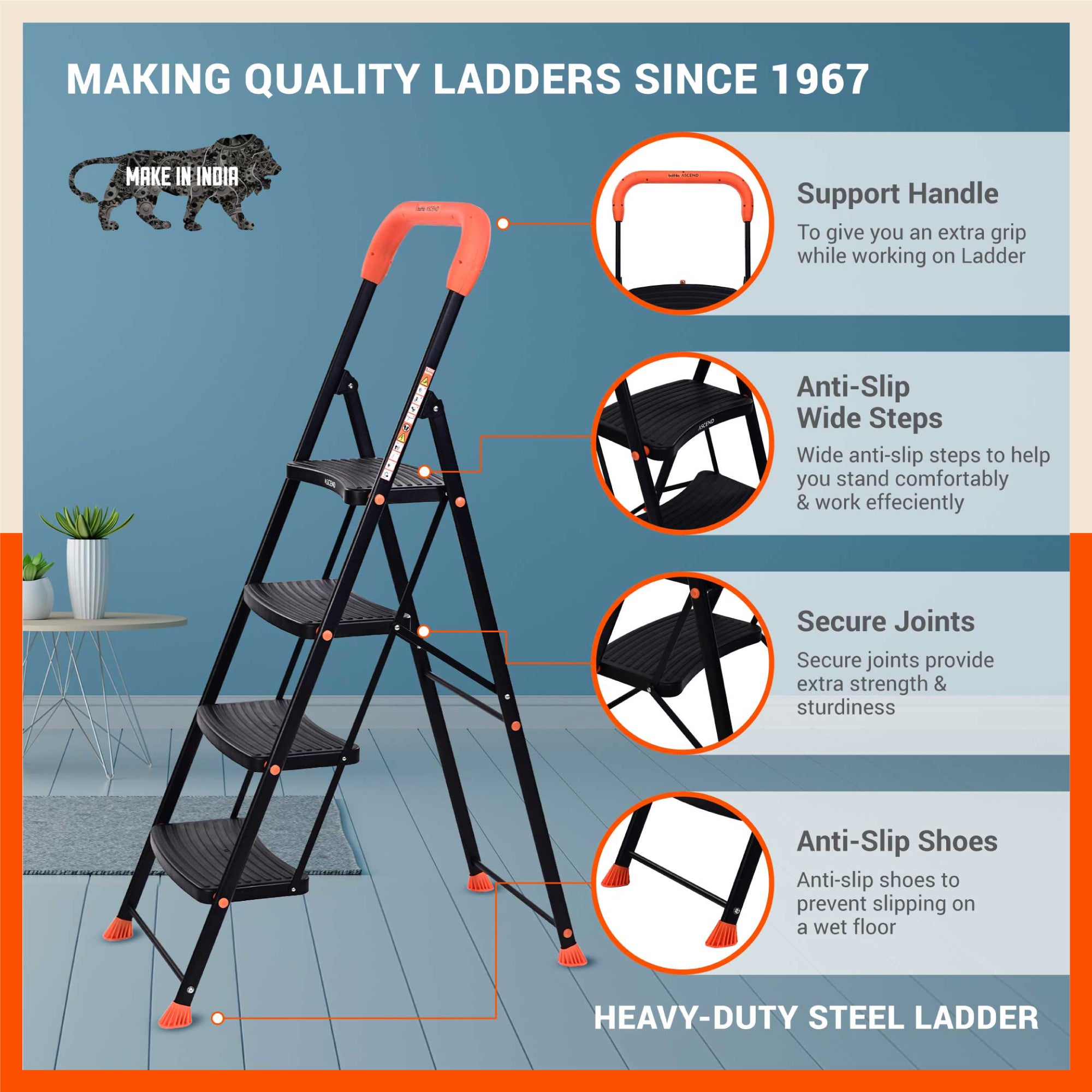 Bathla Ascend 4 Step Heavy Duty Steel Ladder for Home - Orange & Black - design detail
