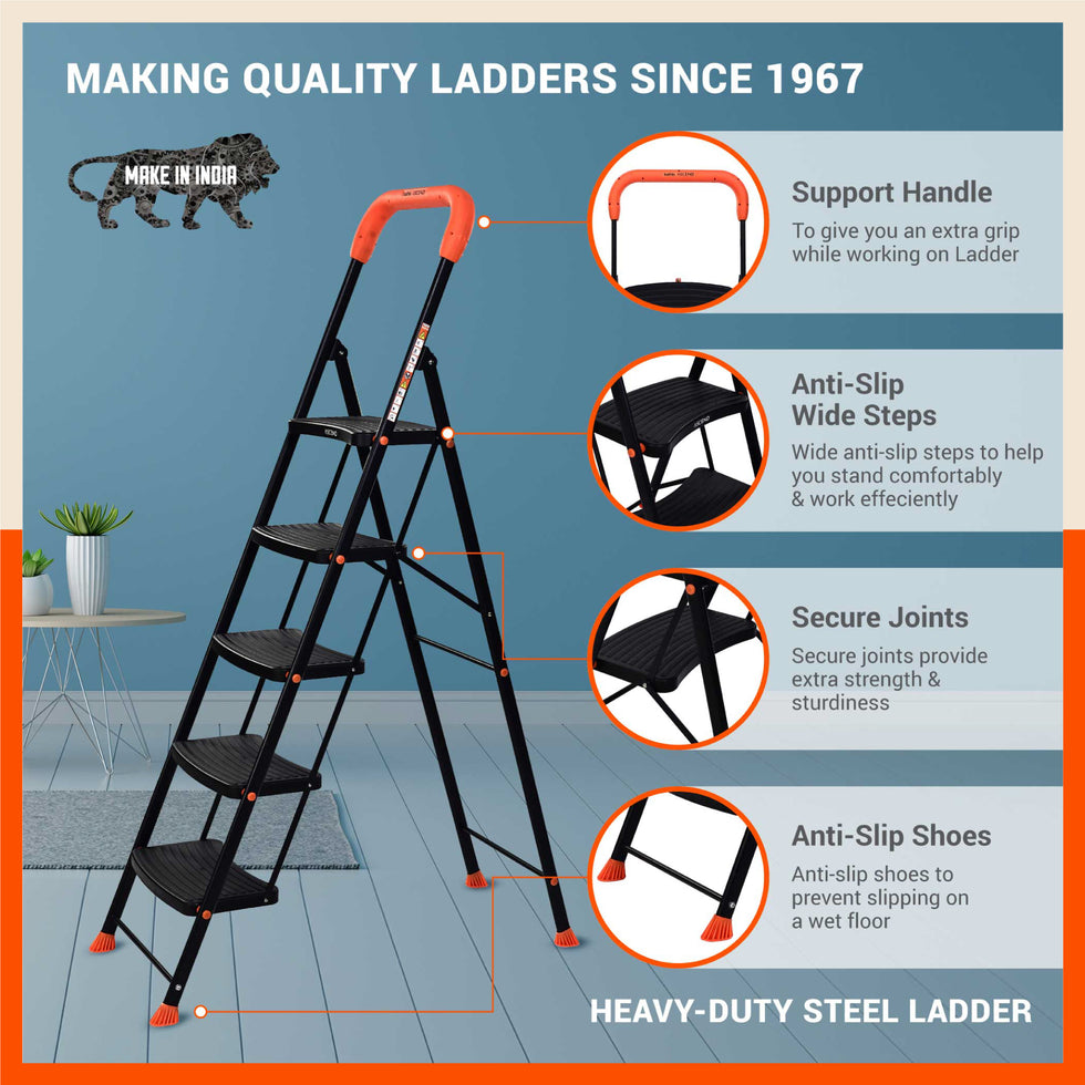 5 Step Heavy Duty Steel Ladder for Home – Bathla Home
