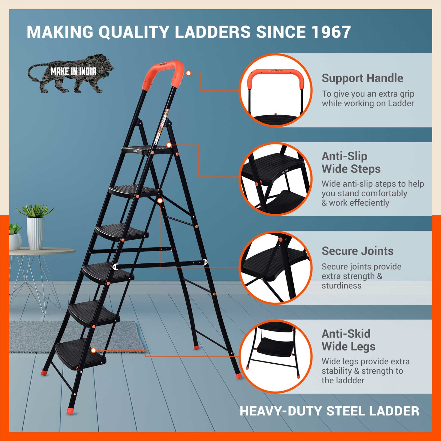 6 Step Heavy Duty Steel Ladder for Home – Bathla Home